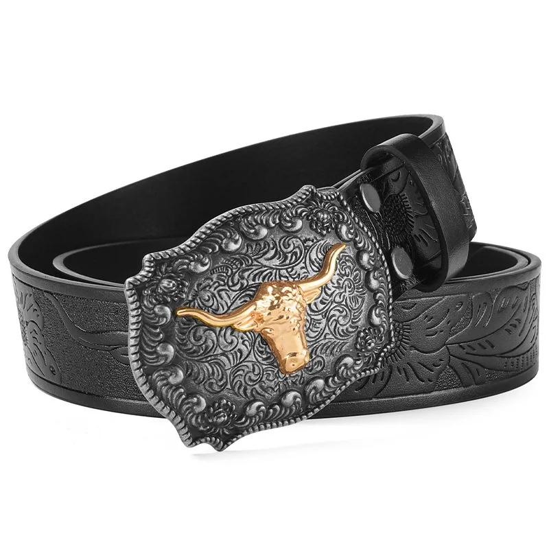 2026 New Men's Western Cowboy Belt - Cool Handsome Black PU BELT Material Embossed Design and Stylish Alloy Buckle Men Belt