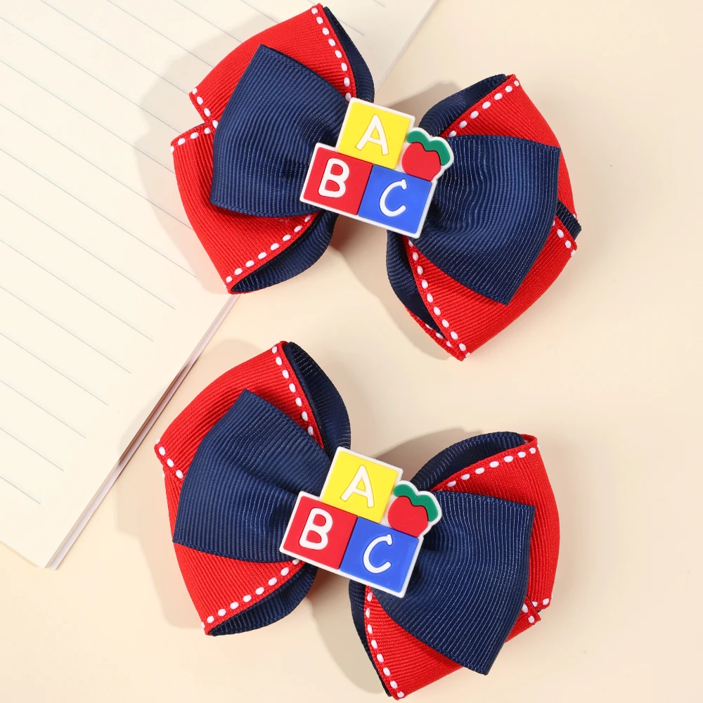 2Pcs Back To School Hair Clips Cute Sweet Pencil Apple Alphabet Bow Hairpins Ribbon Barrette For Girls Kids Headwear Accessories