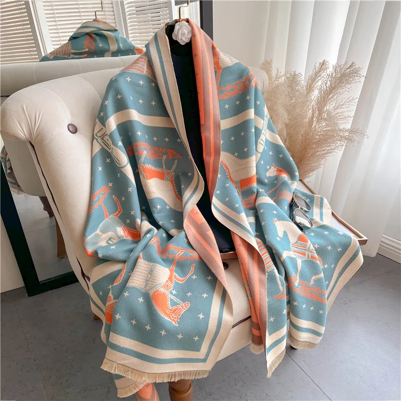 Luxury Horse Print Thick Cashmere Blanket Women Scarf Warm Pashmina Shawl Winter Wraps Bufanda New Design Poncho Echarpe Female