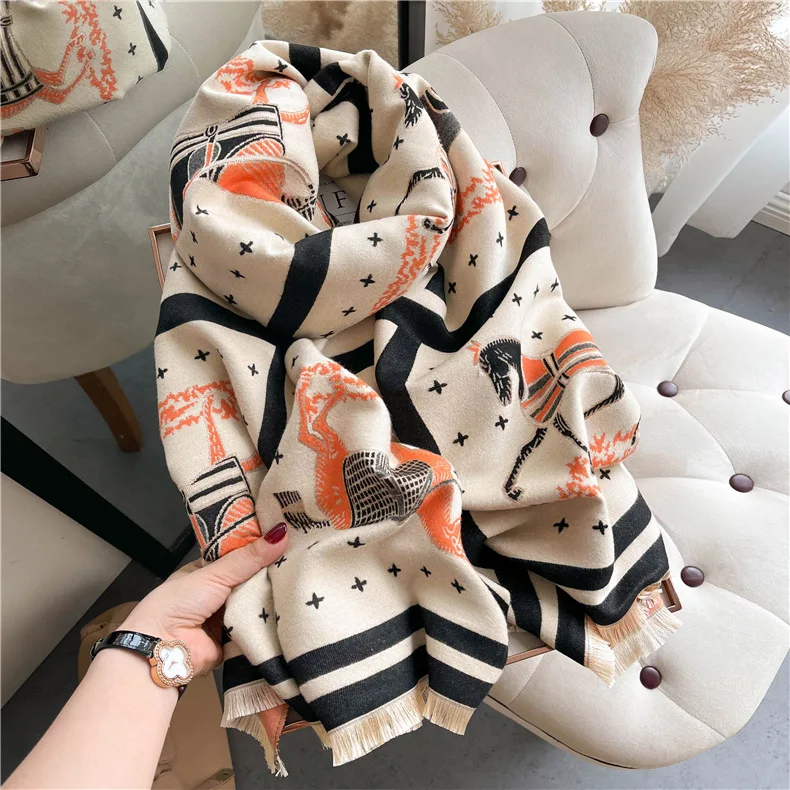 Luxury Horse Print Thick Cashmere Blanket Women Scarf Warm Pashmina Shawl Winter Wraps Bufanda New Design Poncho Echarpe Female