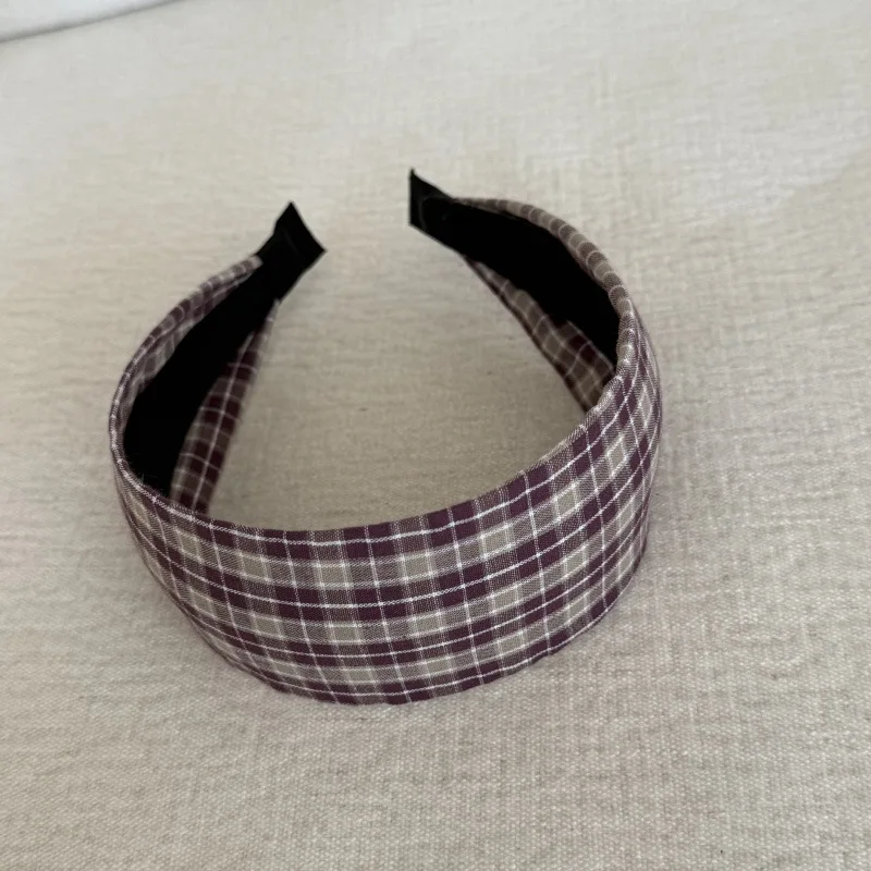 Retro Blue Plaid Wide Headband Fashionable Hair Accessory for Girls Versatile Face Small Hairhoop High Intelligence