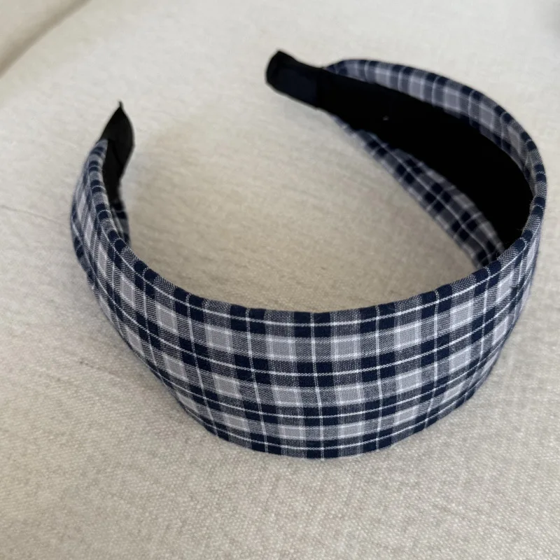 Retro Blue Plaid Wide Headband Fashionable Hair Accessory for Girls Versatile Face Small Hairhoop High Intelligence