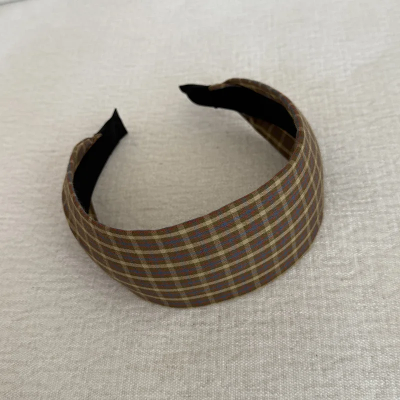 Retro Blue Plaid Wide Headband Fashionable Hair Accessory for Girls Versatile Face Small Hairhoop High Intelligence