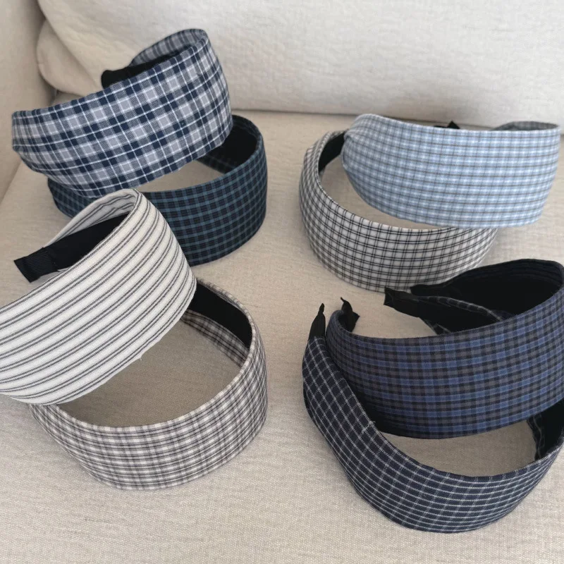 Retro Blue Plaid Wide Headband Fashionable Hair Accessory for Girls Versatile Face Small Hairhoop High Intelligence