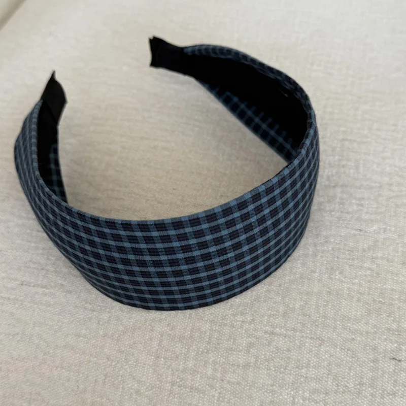 Retro Blue Plaid Wide Headband Fashionable Hair Accessory for Girls Versatile Face Small Hairhoop High Intelligence