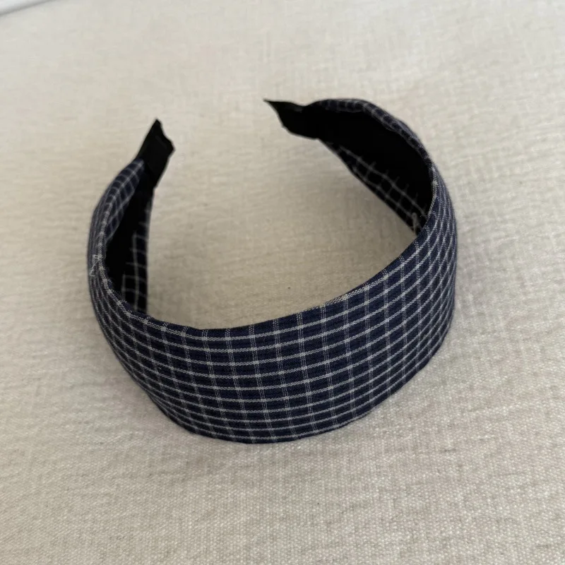 Retro Blue Plaid Wide Headband Fashionable Hair Accessory for Girls Versatile Face Small Hairhoop High Intelligence