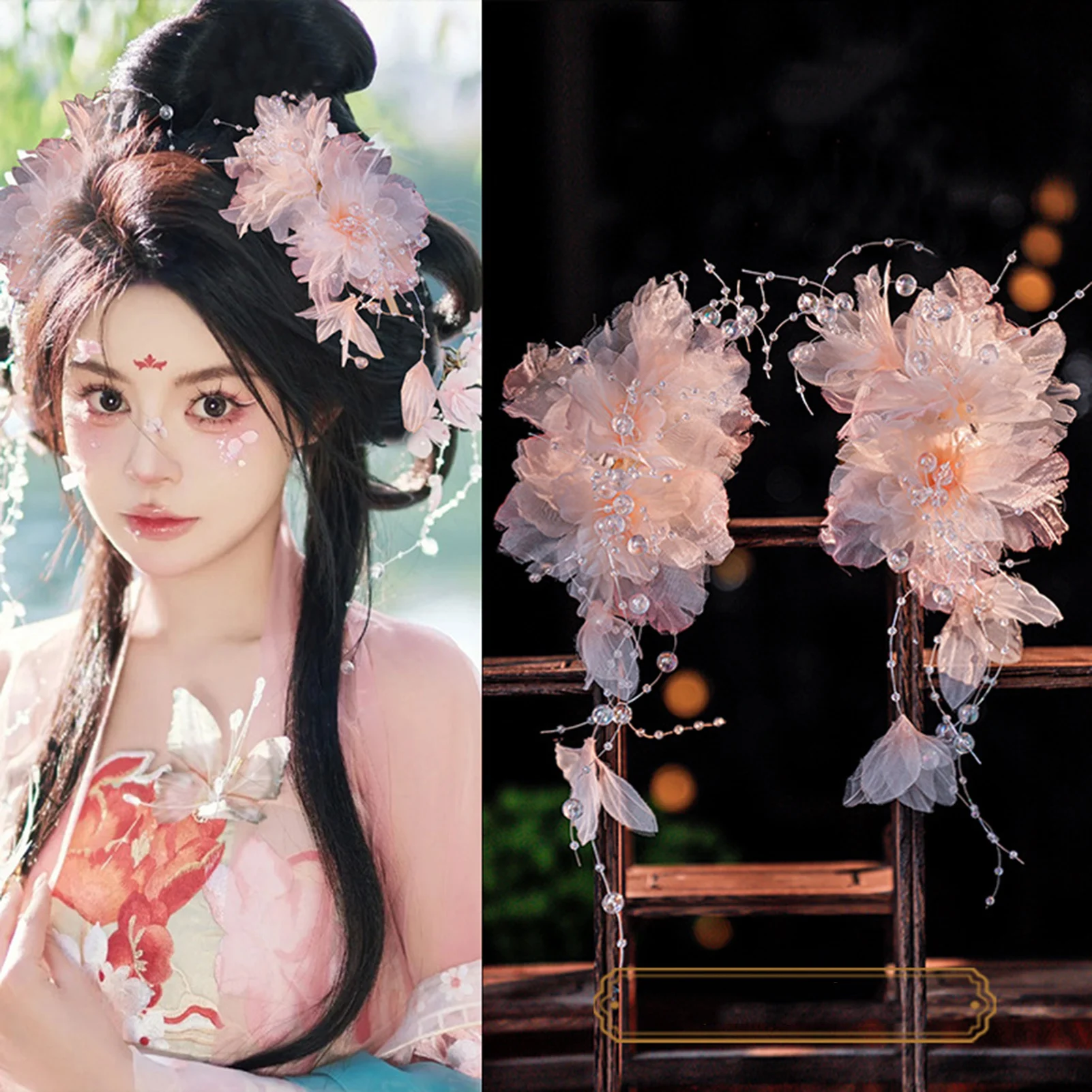 Elegant Gauze Flower Hair Clip Fairy Pink Pearl Tassel Hair Clips For Women Hanfu Dress Hair Accessories Girls Photography Props