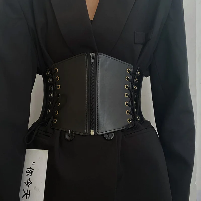 Lace Up Front Corset Belt For Women Punk Wide Belt Female Slimming Body Elastic Bustier Waistband Hip Hop Gothic Dress Girdle