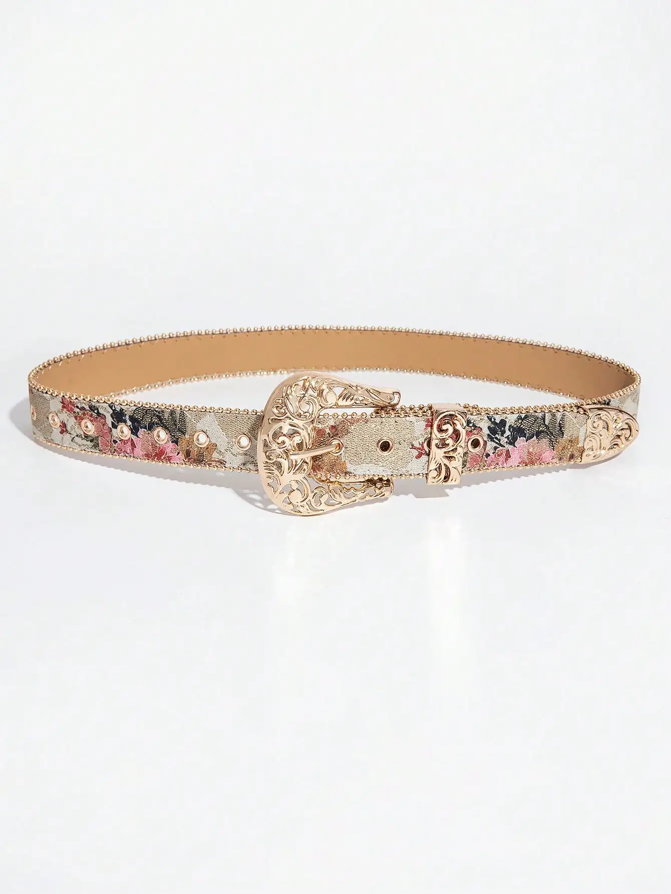 1pc women's palace-style hollow metal buckle flower print beaded belt, a versatile decorative belt for jeans