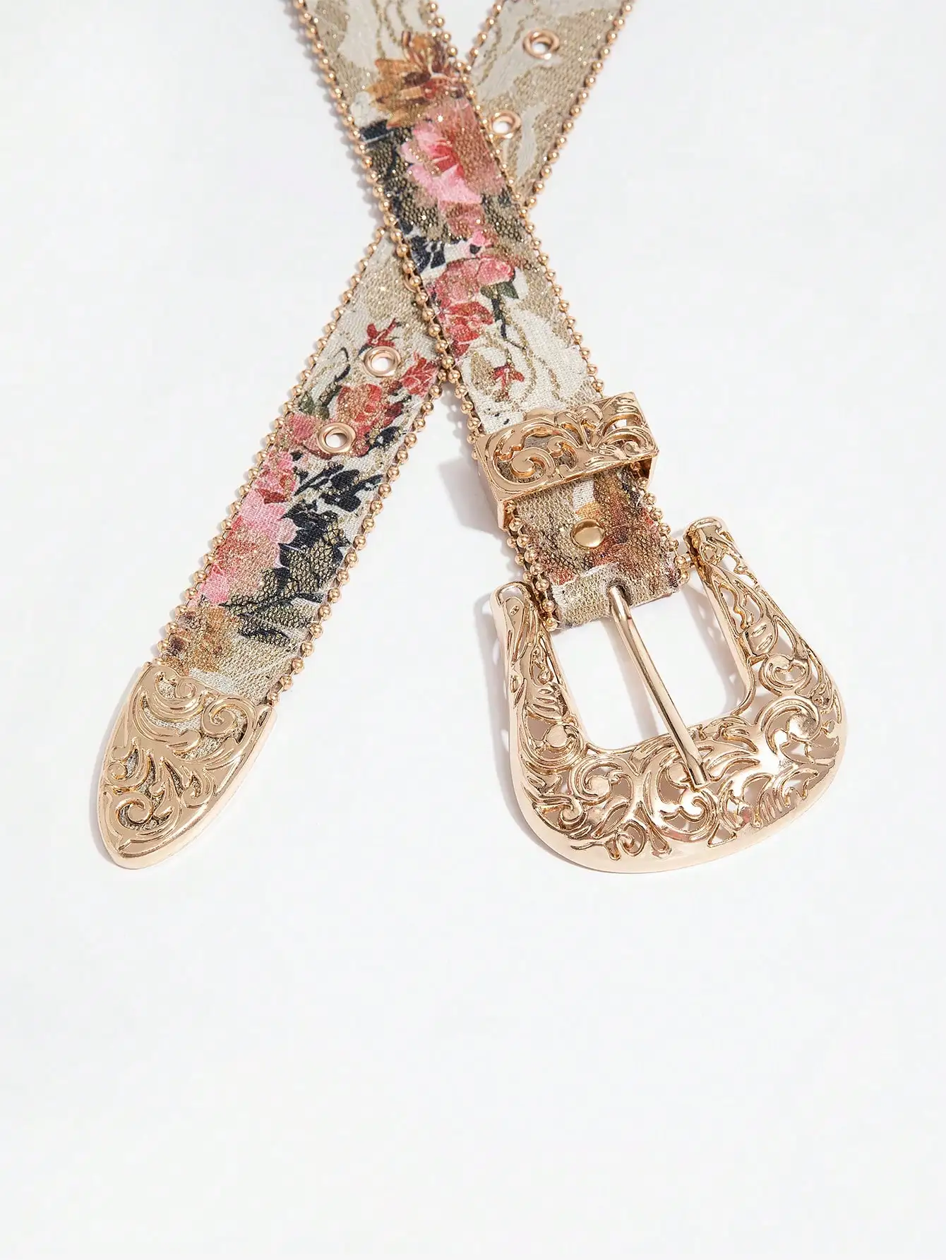 1pc women's palace-style hollow metal buckle flower print beaded belt, a versatile decorative belt for jeans
