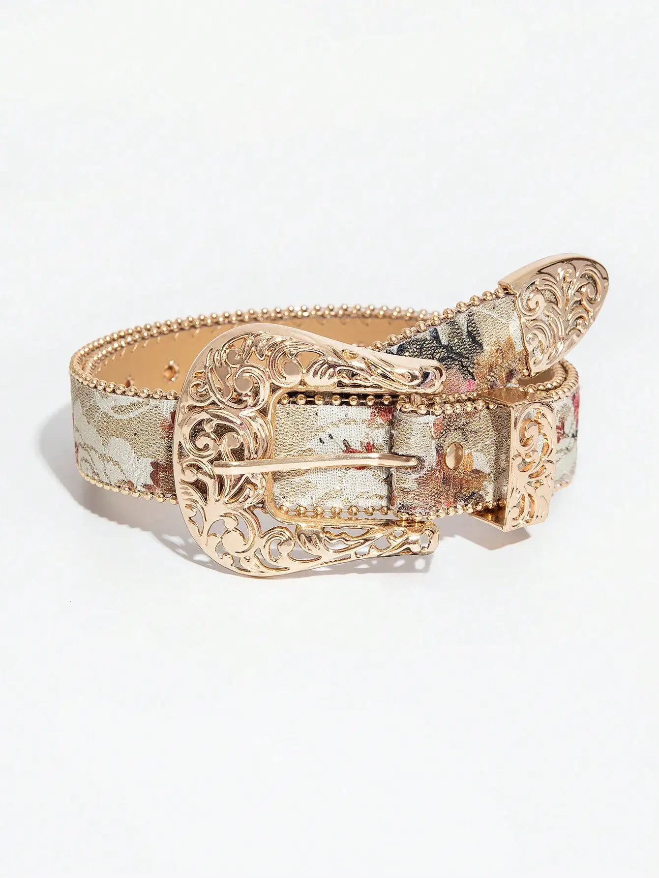 1pc women's palace-style hollow metal buckle flower print beaded belt, a versatile decorative belt for jeans