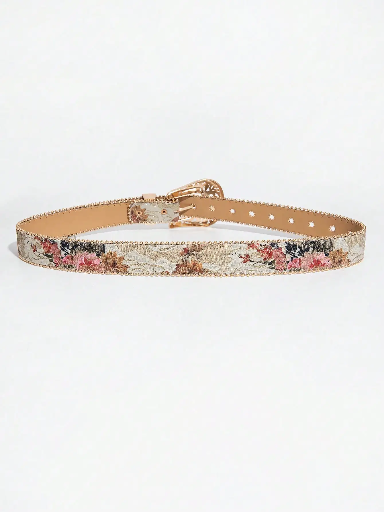 1pc women's palace-style hollow metal buckle flower print beaded belt, a versatile decorative belt for jeans