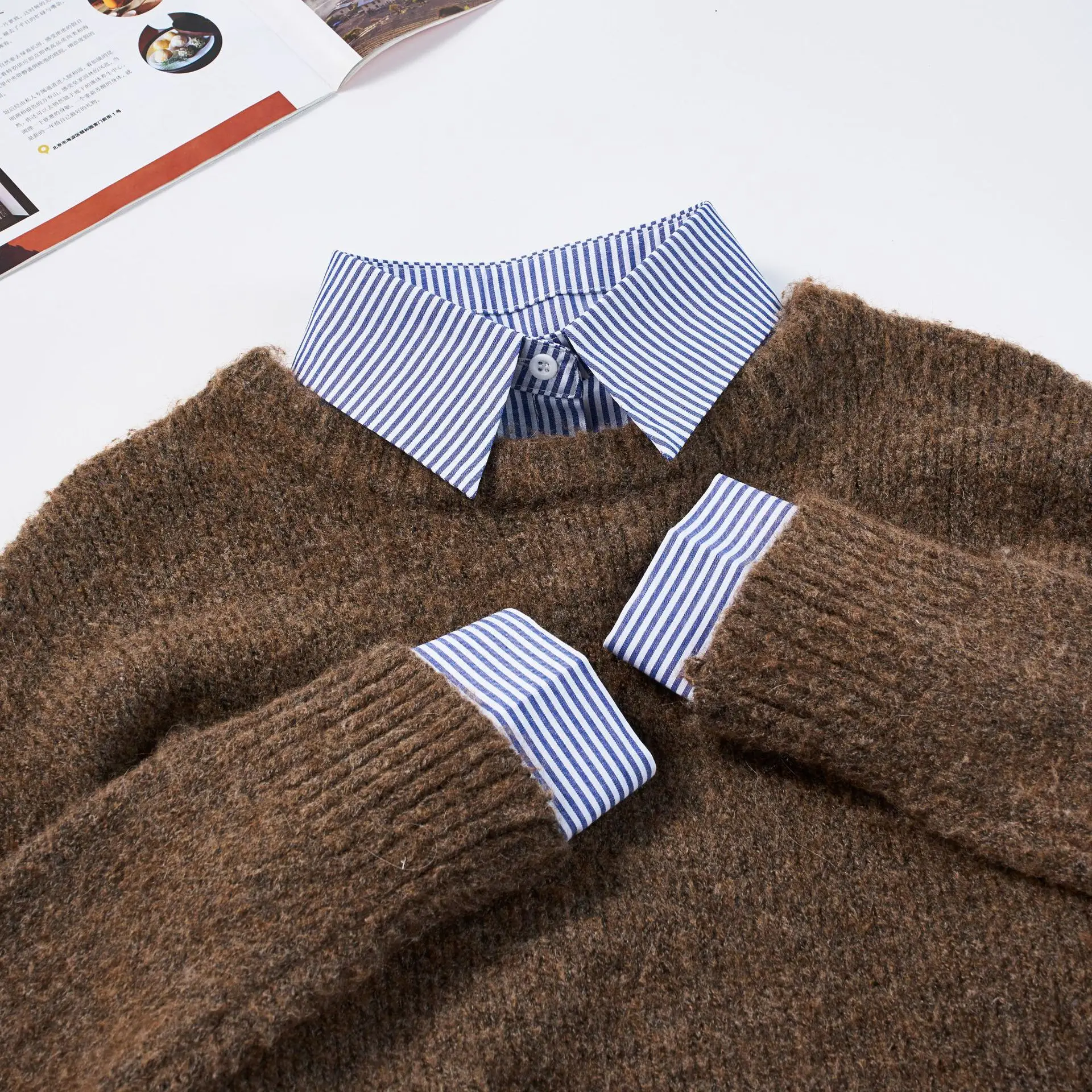 Fashion simple striped plaid collar with sleeves three-piece set inner sweater T-shirt fake collar unisex
