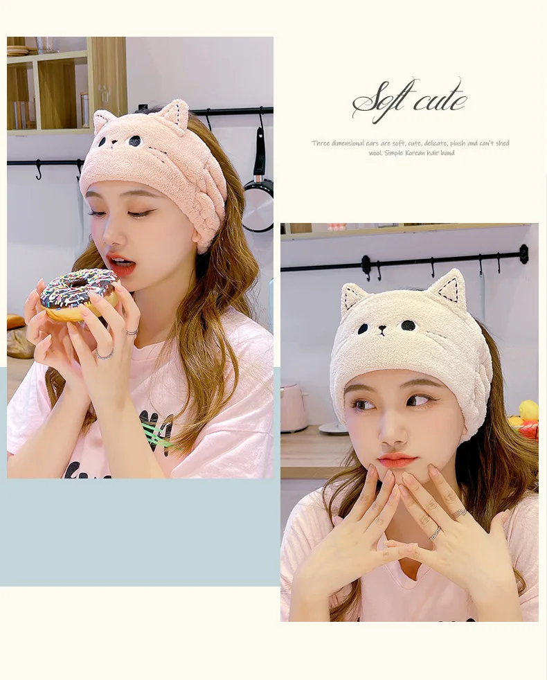 Cat Coral Fleece Head Bands for Women Cute Soft Hair Bows Headband Hairbands Wash Face Make Up Turbans Bandage Girls Accessories