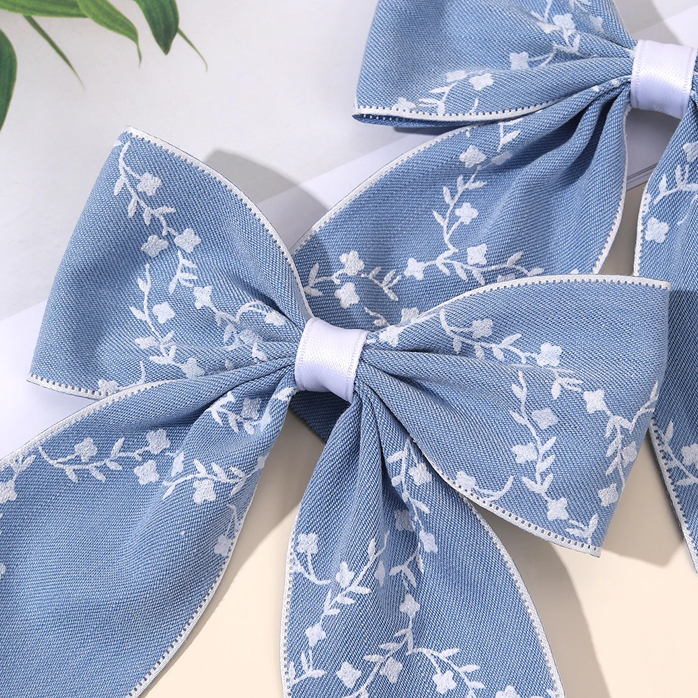 2Pcs Flower Bow Hair Clips Light Blue Hairpin Sweet Small Floral Print Barrette For Girls Elegant Headdress Headwear Accessories