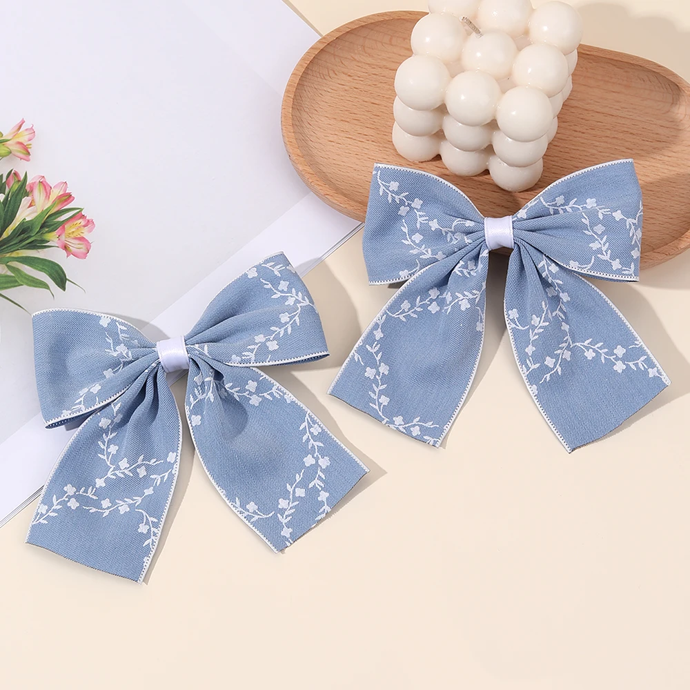 2Pcs Flower Bow Hair Clips Light Blue Hairpin Sweet Small Floral Print Barrette For Girls Elegant Headdress Headwear Accessories