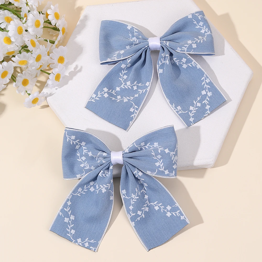 2Pcs Flower Bow Hair Clips Light Blue Hairpin Sweet Small Floral Print Barrette For Girls Elegant Headdress Headwear Accessories