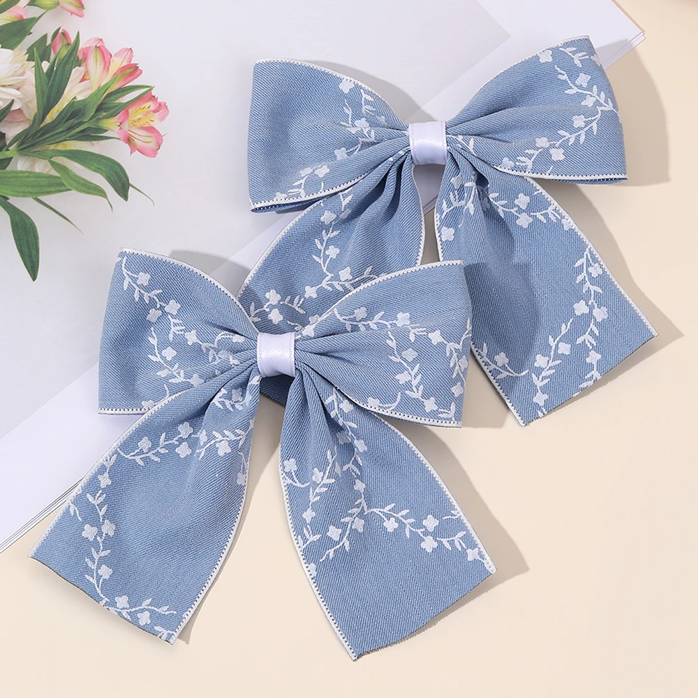 2Pcs Flower Bow Hair Clips Light Blue Hairpin Sweet Small Floral Print Barrette For Girls Elegant Headdress Headwear Accessories