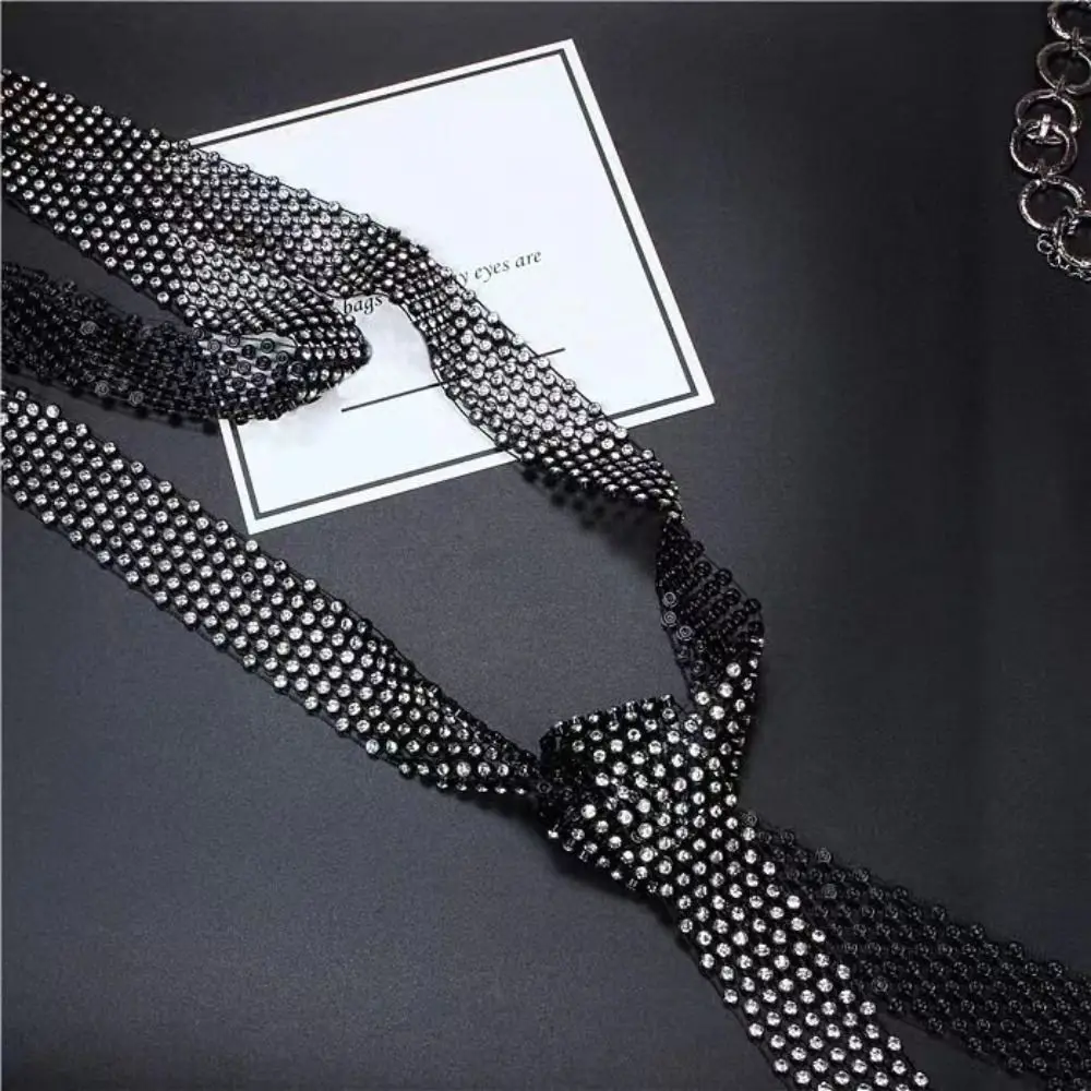 Lightweight 90/130/150cm Rhinestone Tie Black/White Long Necktie Shiny Exquisite Dazzling Embellished Tie Unisex