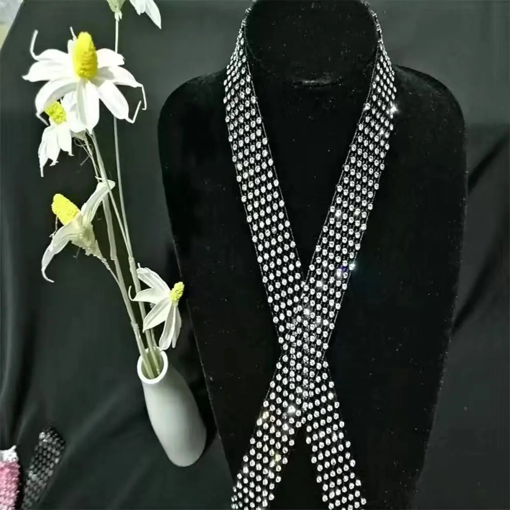 Lightweight 90/130/150cm Rhinestone Tie Black/White Long Necktie Shiny Exquisite Dazzling Embellished Tie Unisex