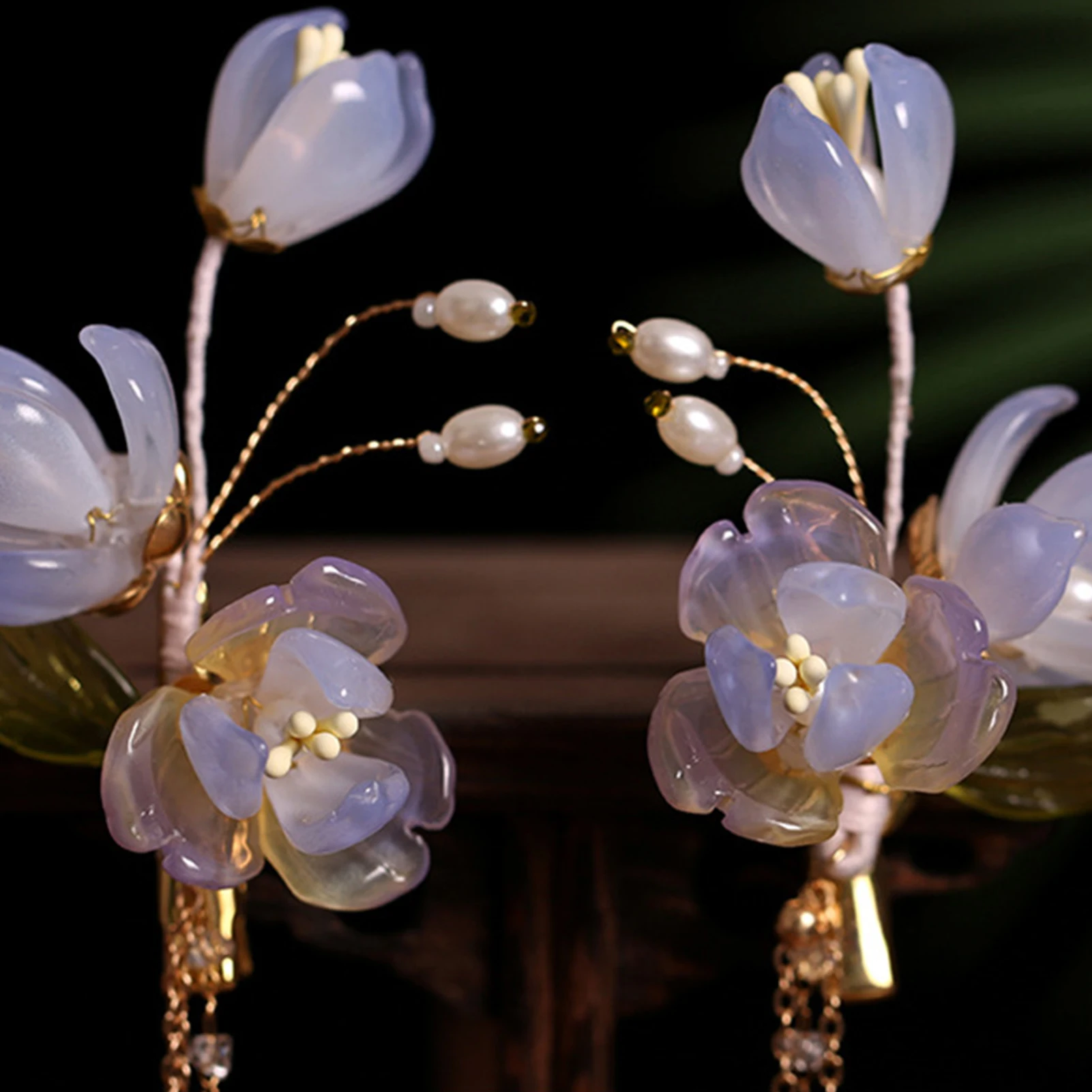 2pcs Pearl Tassel Hair Clip Purple Flower Hairpin Chinese Hanfu Hair Accessories Fairy Step Shaking Vintage Wedding Hair Jewelry