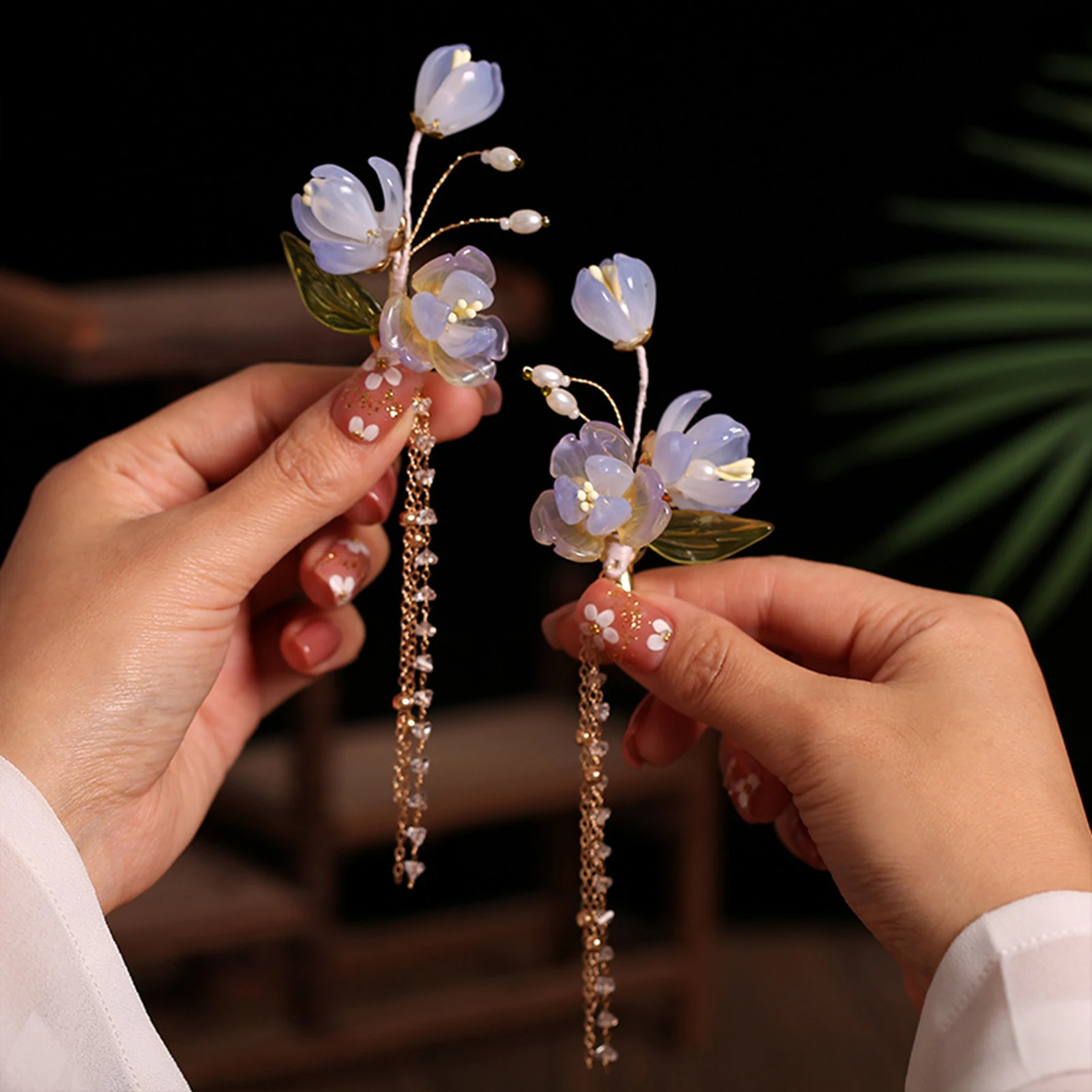 2pcs Pearl Tassel Hair Clip Purple Flower Hairpin Chinese Hanfu Hair Accessories Fairy Step Shaking Vintage Wedding Hair Jewelry