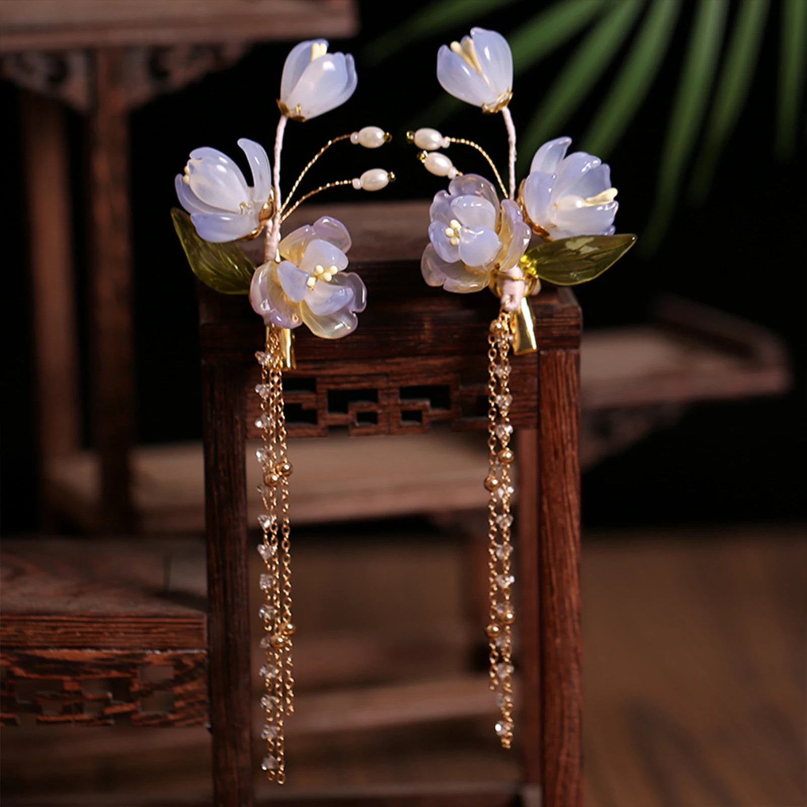 2pcs Pearl Tassel Hair Clip Purple Flower Hairpin Chinese Hanfu Hair Accessories Fairy Step Shaking Vintage Wedding Hair Jewelry
