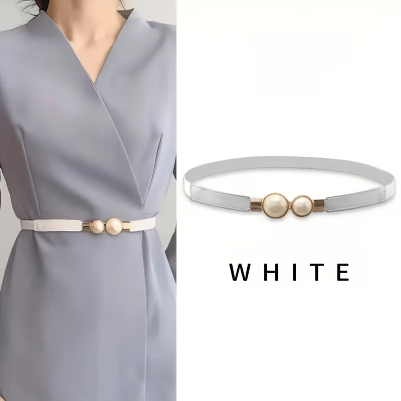 Elegant pearl decoration thin belt black elastic elastic waistband versatile windbreaker dress waist cinching accessory