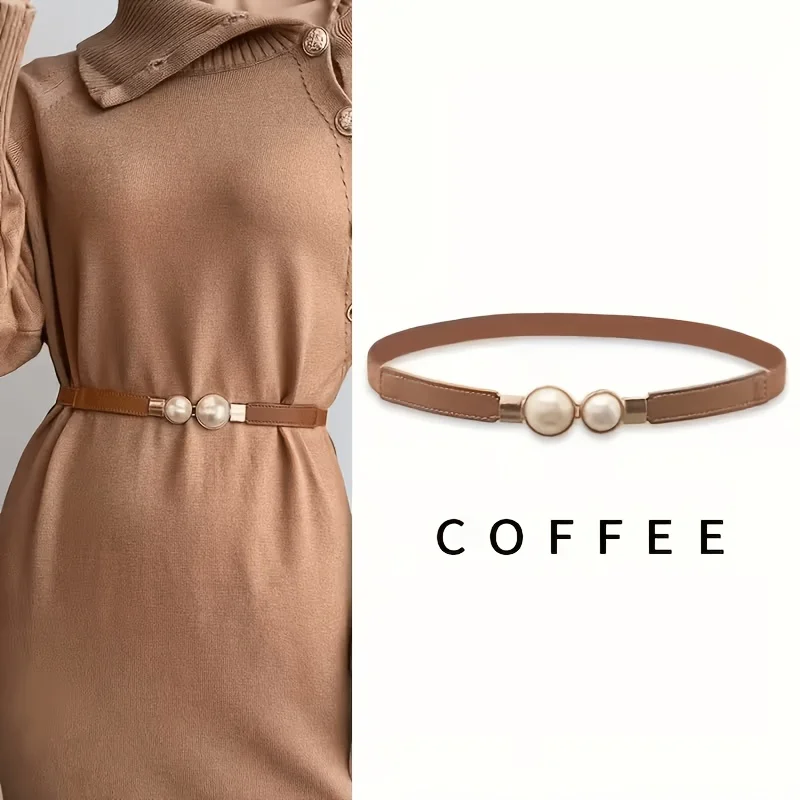 Elegant pearl decoration thin belt black elastic elastic waistband versatile windbreaker dress waist cinching accessory
