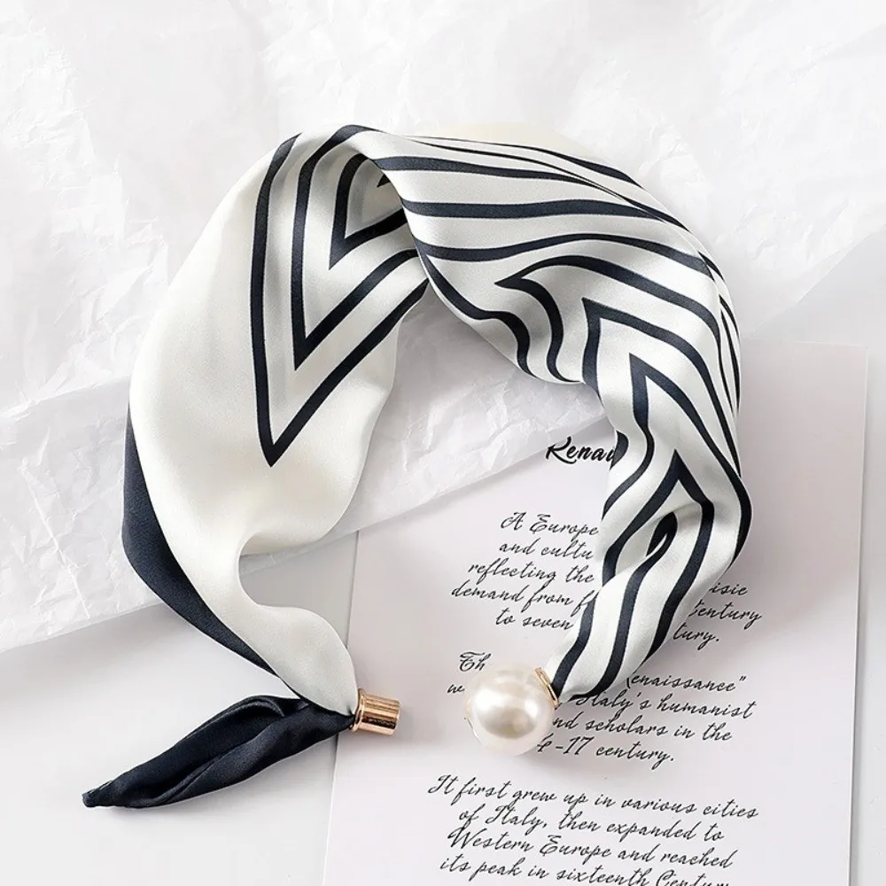 Fashion Pearl Buckle Silk Scarf Thin Printed Neck Scarf Lightweight Soft Neckerchief Women