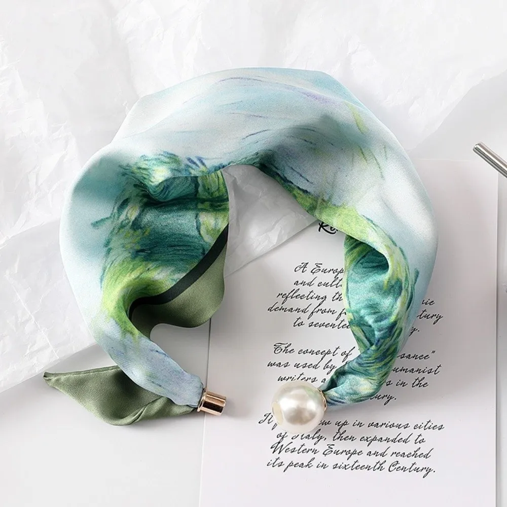 Fashion Pearl Buckle Silk Scarf Thin Printed Neck Scarf Lightweight Soft Neckerchief Women