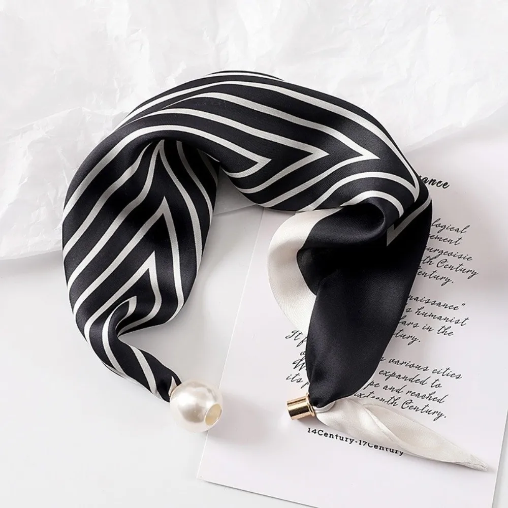Fashion Pearl Buckle Silk Scarf Thin Printed Neck Scarf Lightweight Soft Neckerchief Women