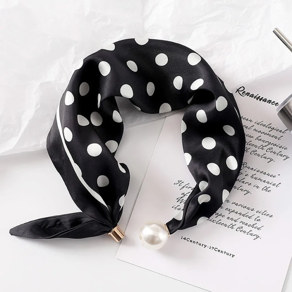 Fashion Pearl Buckle Silk Scarf Thin Printed Neck Scarf Lightweight Soft Neckerchief Women