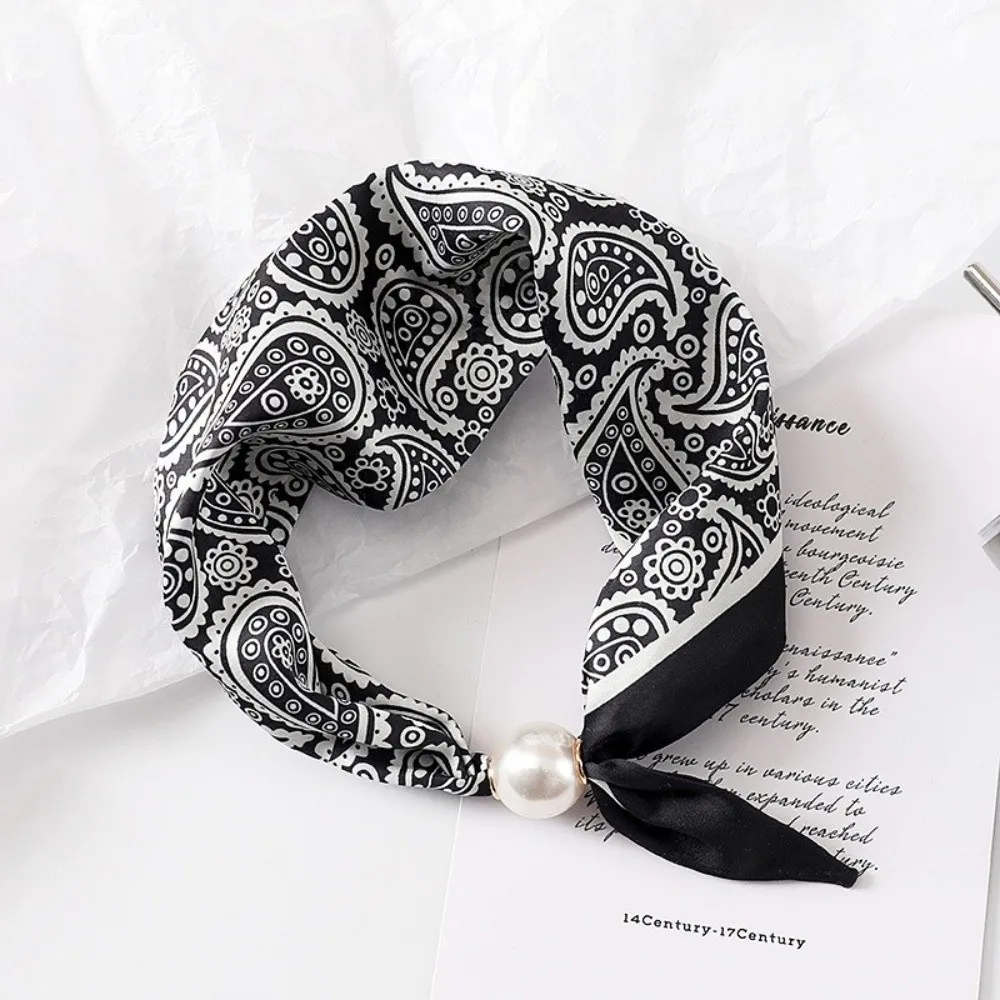 Fashion Pearl Buckle Silk Scarf Thin Printed Neck Scarf Lightweight Soft Neckerchief Women