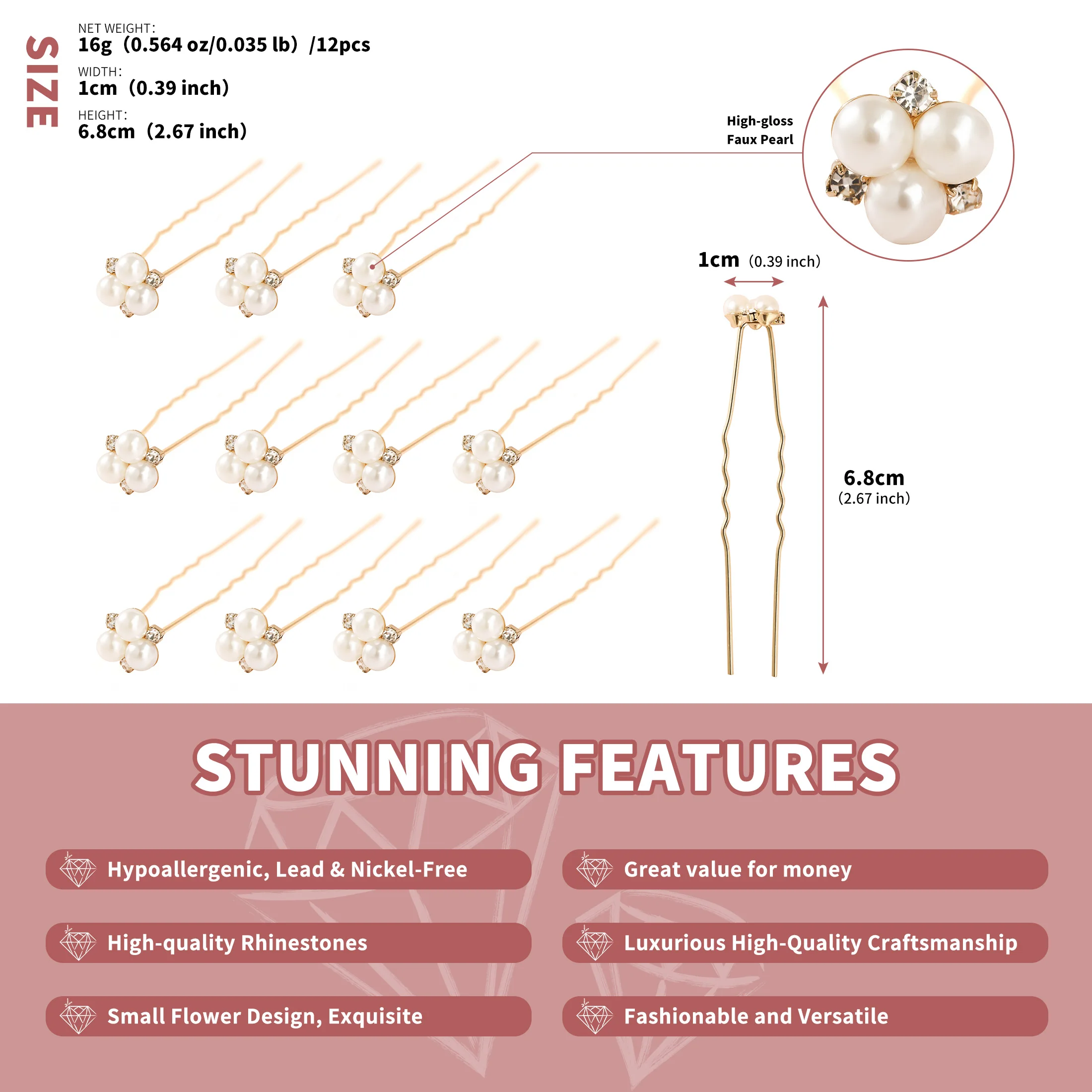 12Pcs/Set Elegant Pearl Crystal Wedding Hair Pins for Women Flower U-Shape Hair Clips Bridal Hair Accessories Jewelry Gifts