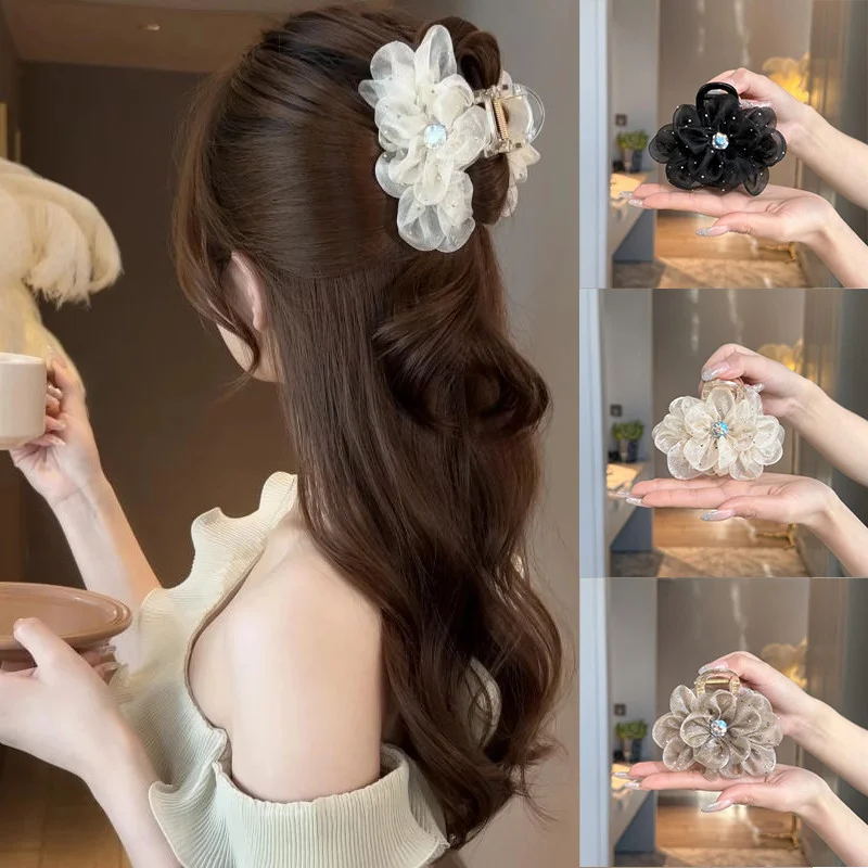 1/2/3pcs Elegant Mesh Flower Rhinestone Hair Clip for Woman Korean Style  Shark Clip Fashion Girl Ponytail Clip Hair Clamp