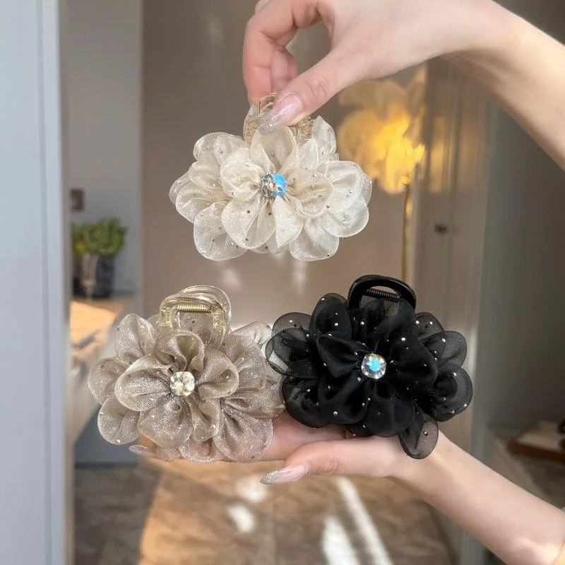 1/2/3pcs Elegant Mesh Flower Rhinestone Hair Clip for Woman Korean Style  Shark Clip Fashion Girl Ponytail Clip Hair Clamp