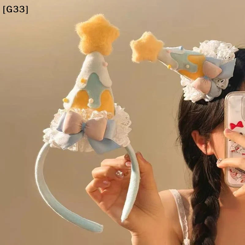 Cute Plush Yellow Star Birthday Hat Headband, Girl Heart Cake Hair Accessory for Birthday Party Photo[G33]