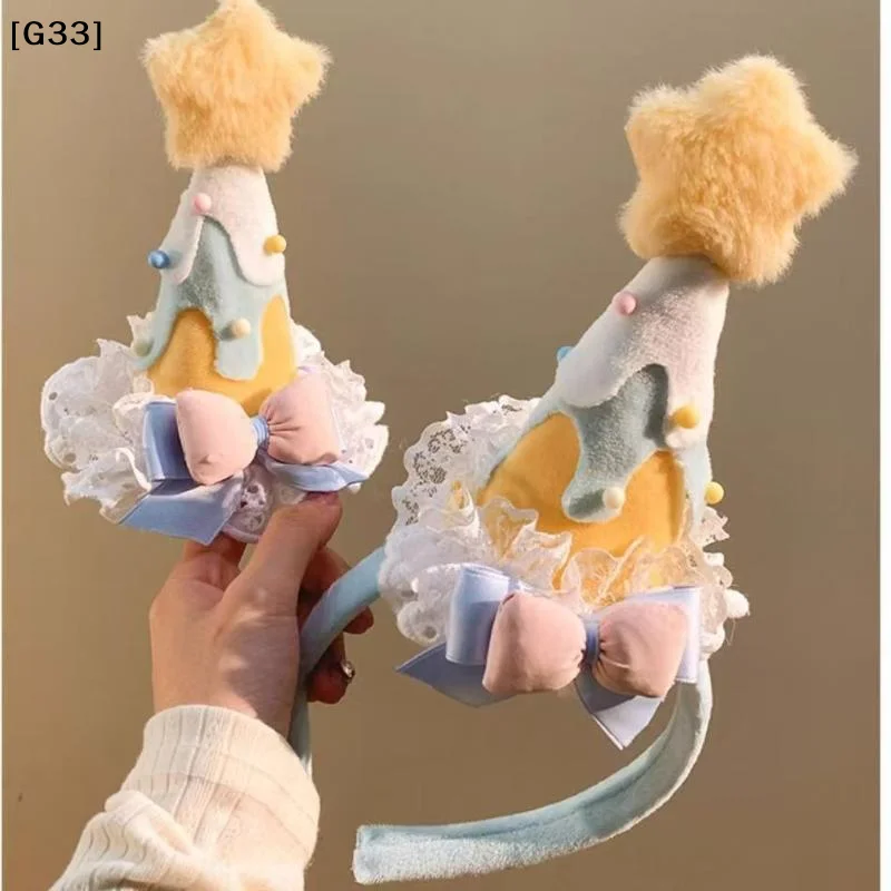Cute Plush Yellow Star Birthday Hat Headband, Girl Heart Cake Hair Accessory for Birthday Party Photo[G33]
