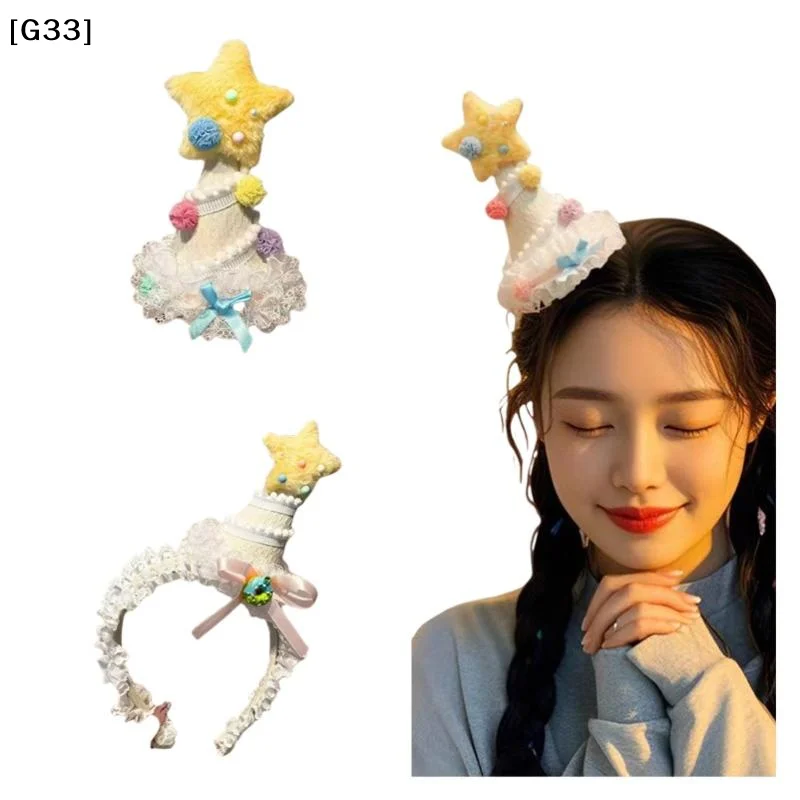 Cute Plush Yellow Star Birthday Hat Headband, Girl Heart Cake Hair Accessory for Birthday Party Photo[G33]