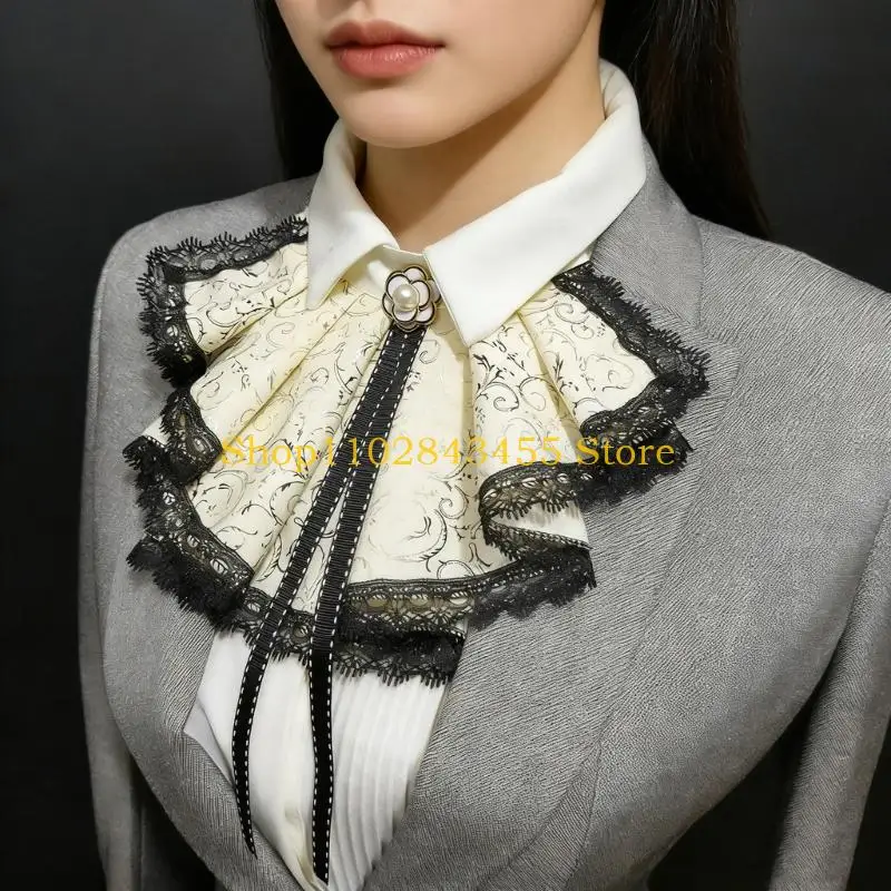 49MC Victorian Detachable Collar For Women Daily Outfit Formal Event with Ribbon Tie Decorative Collar for Costume Enhancer