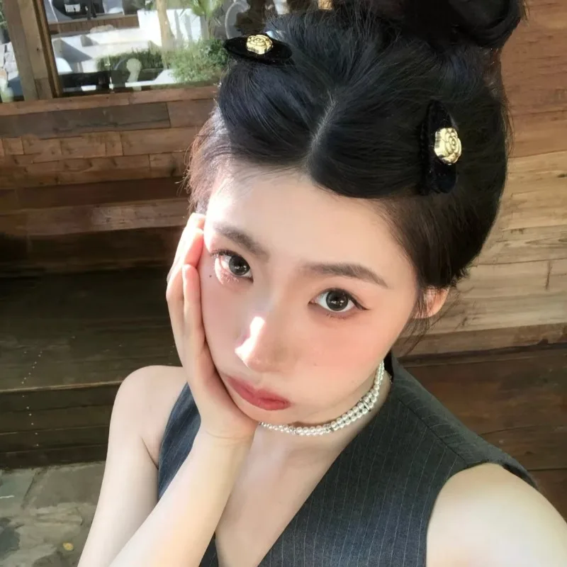 2 Pcs Cute Small Camellia Flower Hair Clips for Women French Elegant Flocking Duckbill Side Clip Hairpins Headwear Set
