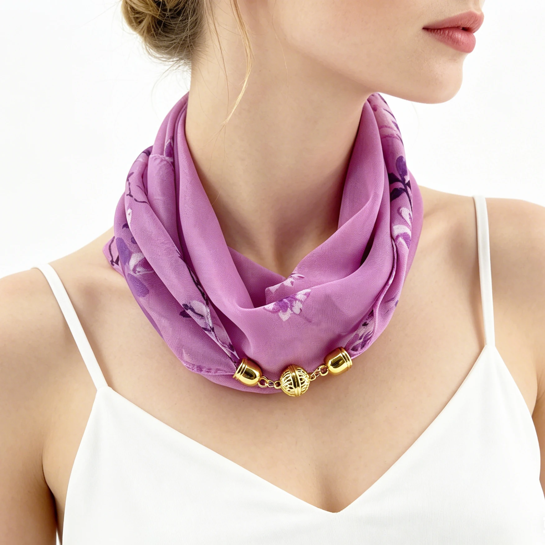 Magnetic Buckle Thin Chiffon Decorative Neck Scarf, Magnolia Print Neck Wrap, Lazy Scarf Quick Easy Fastening Neckerchief