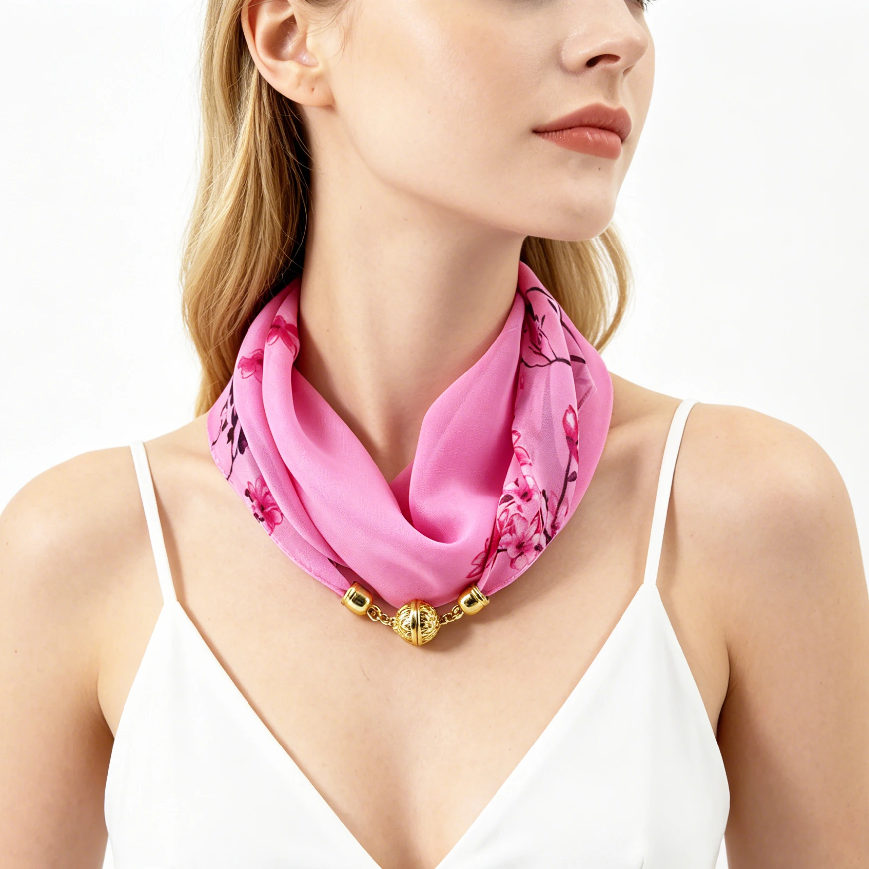 Magnetic Buckle Thin Chiffon Decorative Neck Scarf, Magnolia Print Neck Wrap, Lazy Scarf Quick Easy Fastening Neckerchief