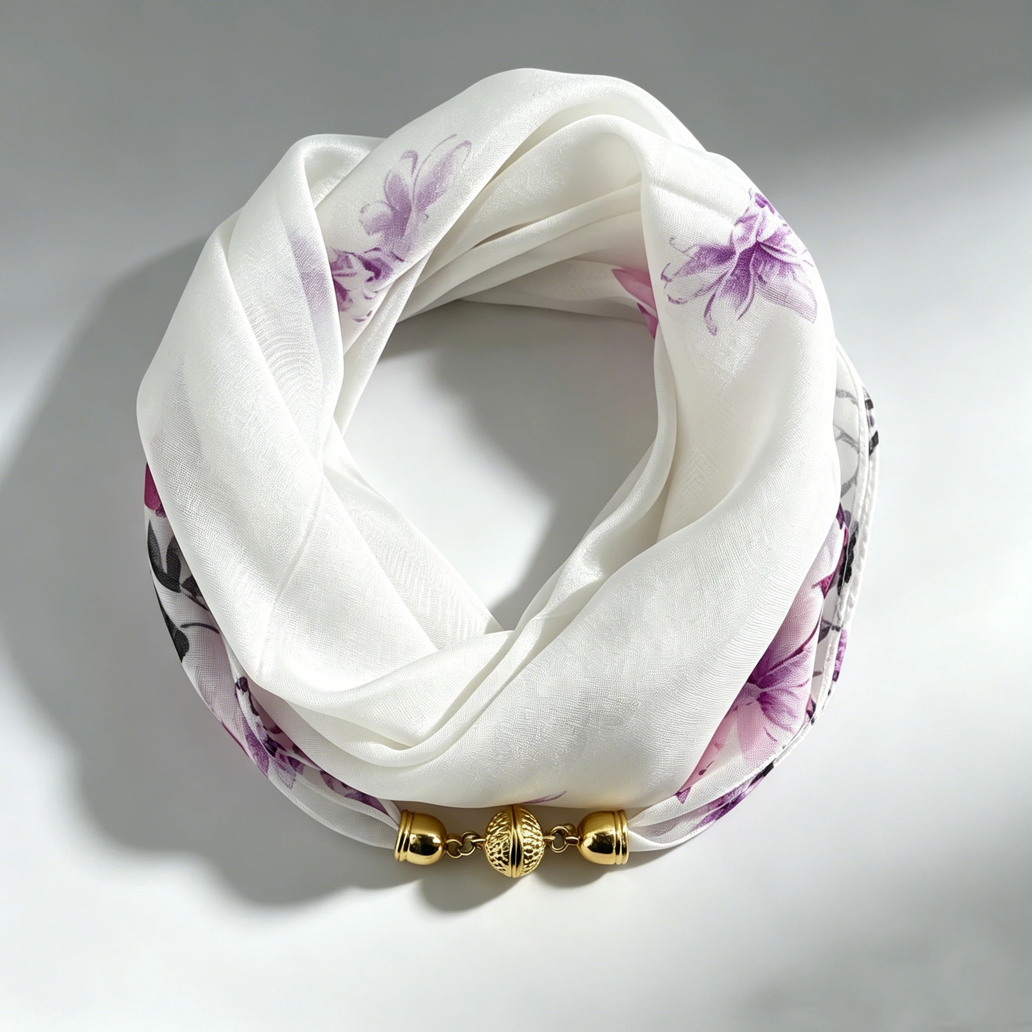 Magnetic Buckle Thin Chiffon Decorative Neck Scarf, Magnolia Print Neck Wrap, Lazy Scarf Quick Easy Fastening Neckerchief