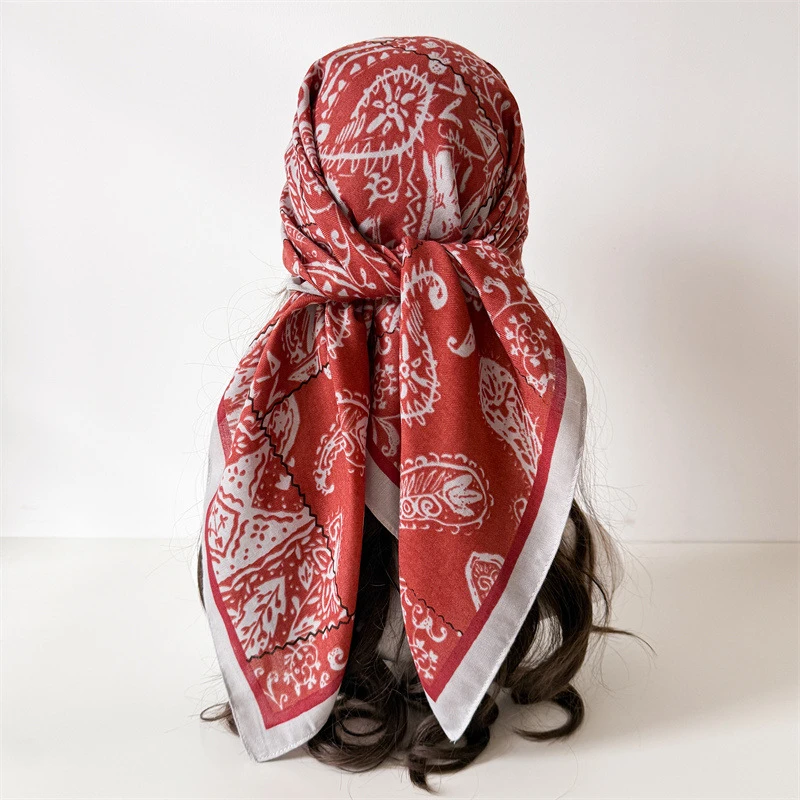 90*90Cm Square Scarf Cotton Linen Feeling Women Headband Shawl Wraps Luxury Hair Band Print Neck Scarves Muslim Hijab Bandana