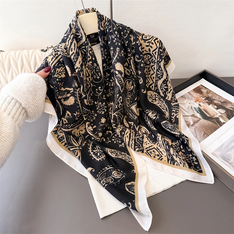 90*90Cm Square Scarf Cotton Linen Feeling Women Headband Shawl Wraps Luxury Hair Band Print Neck Scarves Muslim Hijab Bandana