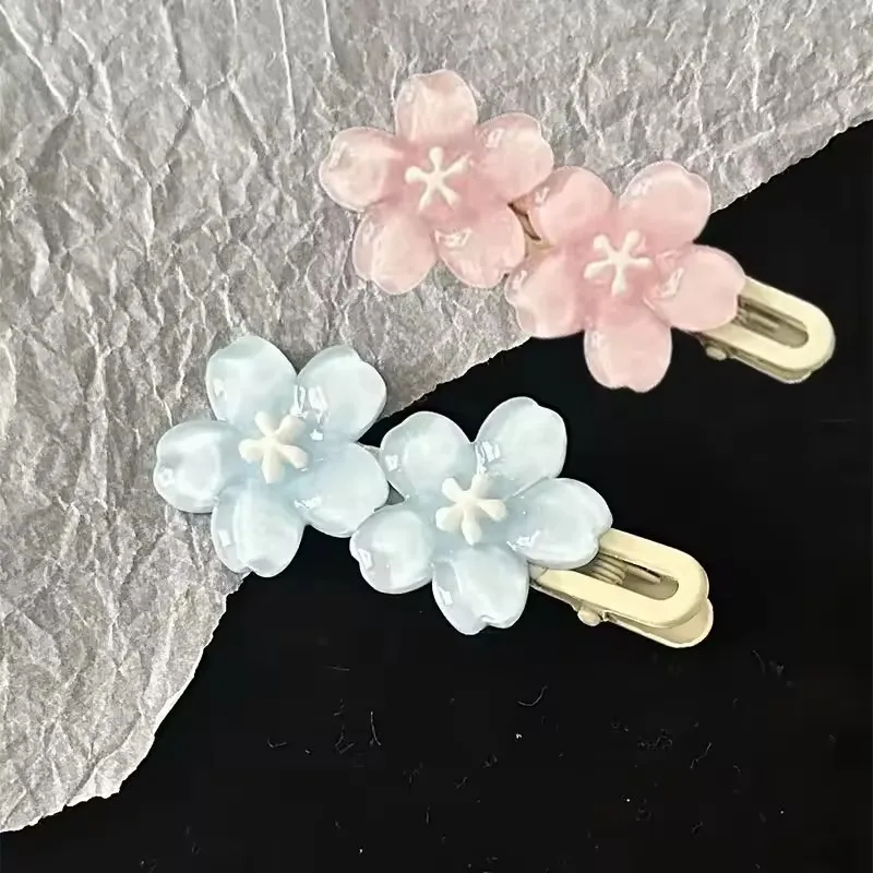 Jelly Cherry Blossom Hair Clips Pink Blue Flower Hairpins for Girl Romantic Wave Side Bangs Barrettes Kawaii BB Hair Accessories