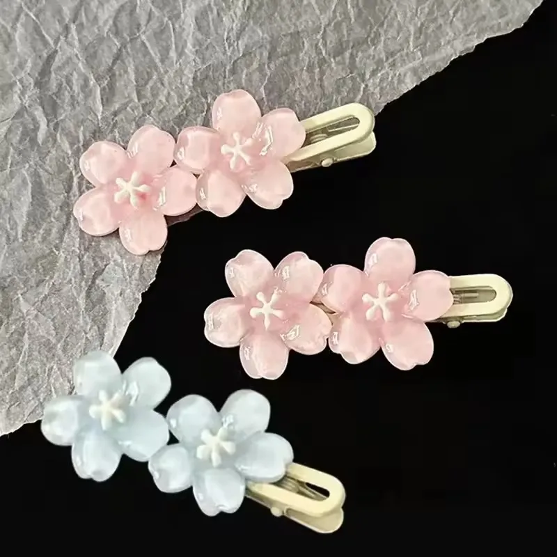 Jelly Cherry Blossom Hair Clips Pink Blue Flower Hairpins for Girl Romantic Wave Side Bangs Barrettes Kawaii BB Hair Accessories