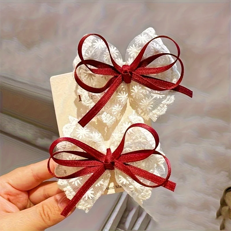 2pcs Korean-style Casual Lace Bow Tie / Korean-style Girl Charm Lace Hairpin / Suitable for Dates, Travel, and Leisure.